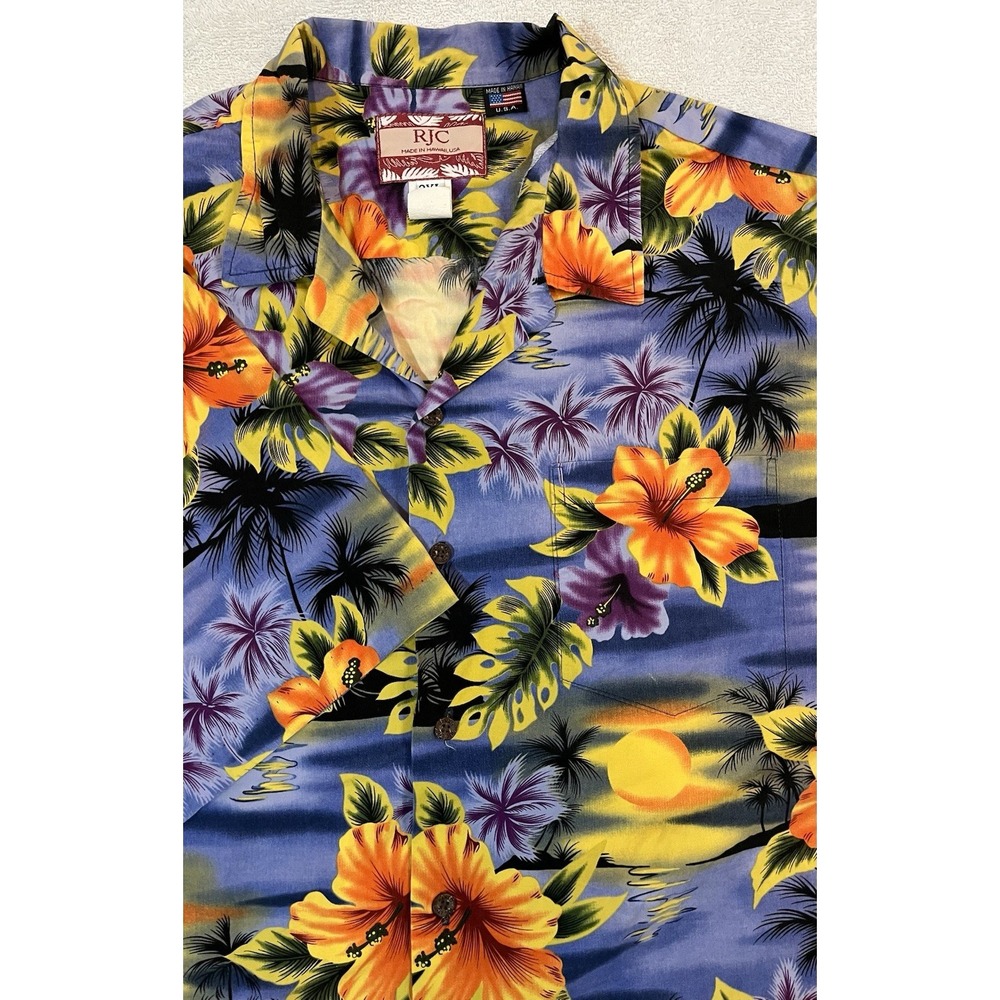 VTG RJC Mens 2XL Hawaiian Camp Shirt Hibiscus 100% Cotton Aloha Beach‎